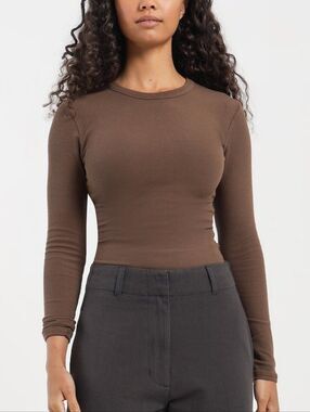 Nude Lucy Womens Cola Brown Organic Ribbed Long Sleeve T-Shirt Size Small